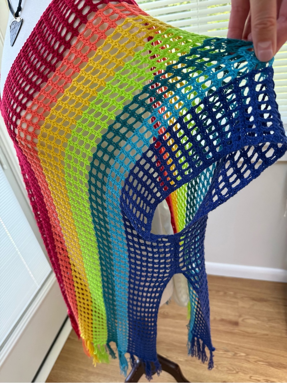 Rainbow Crochet Mesh Poncho Swimsuit Coverup with Fringe - Picture 4 of 4